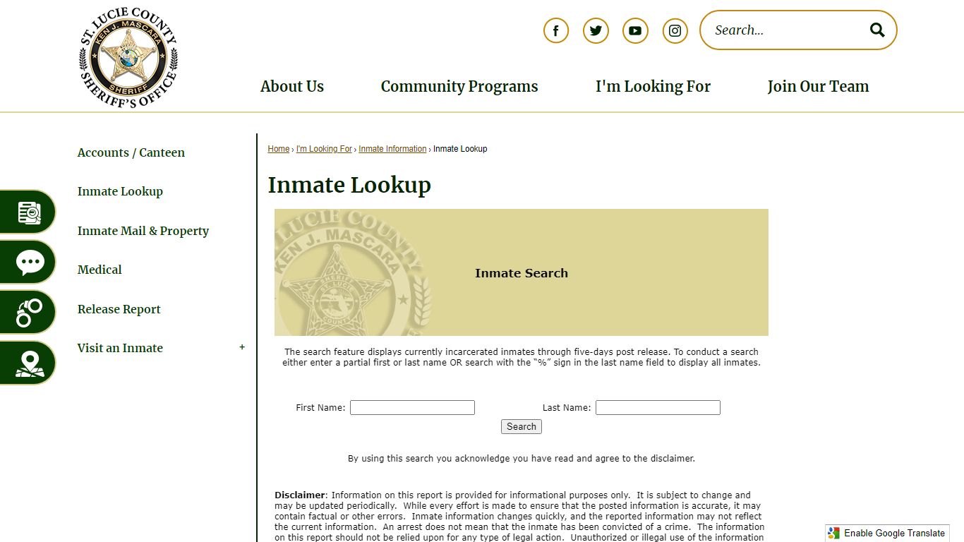 Inmate Lookup | St. Lucie Co Sheriff's Office, FL
